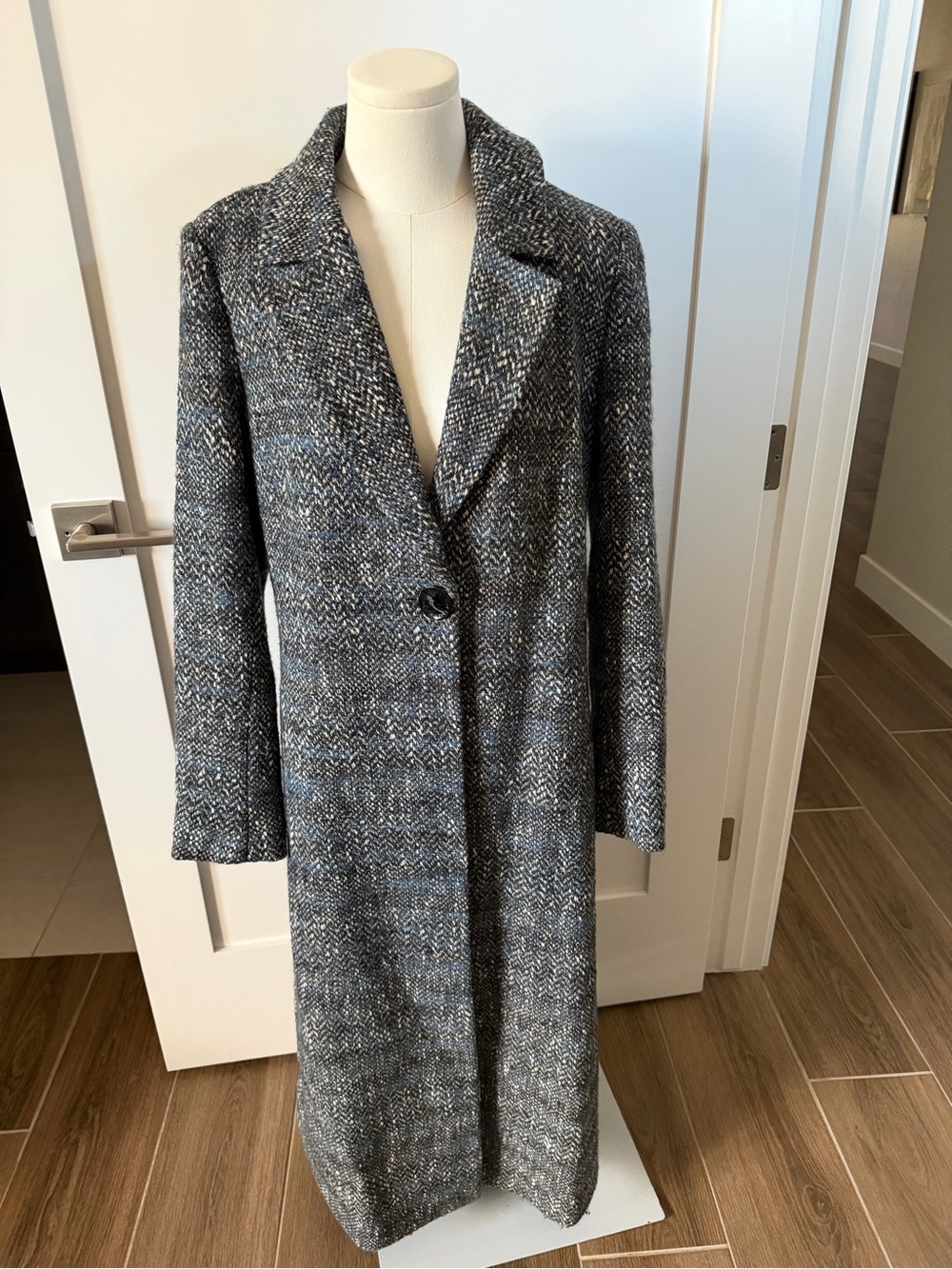 Sam Edelman Long Blue/Gray Tweed Wool Blend - Classic Single-Button Overcoat